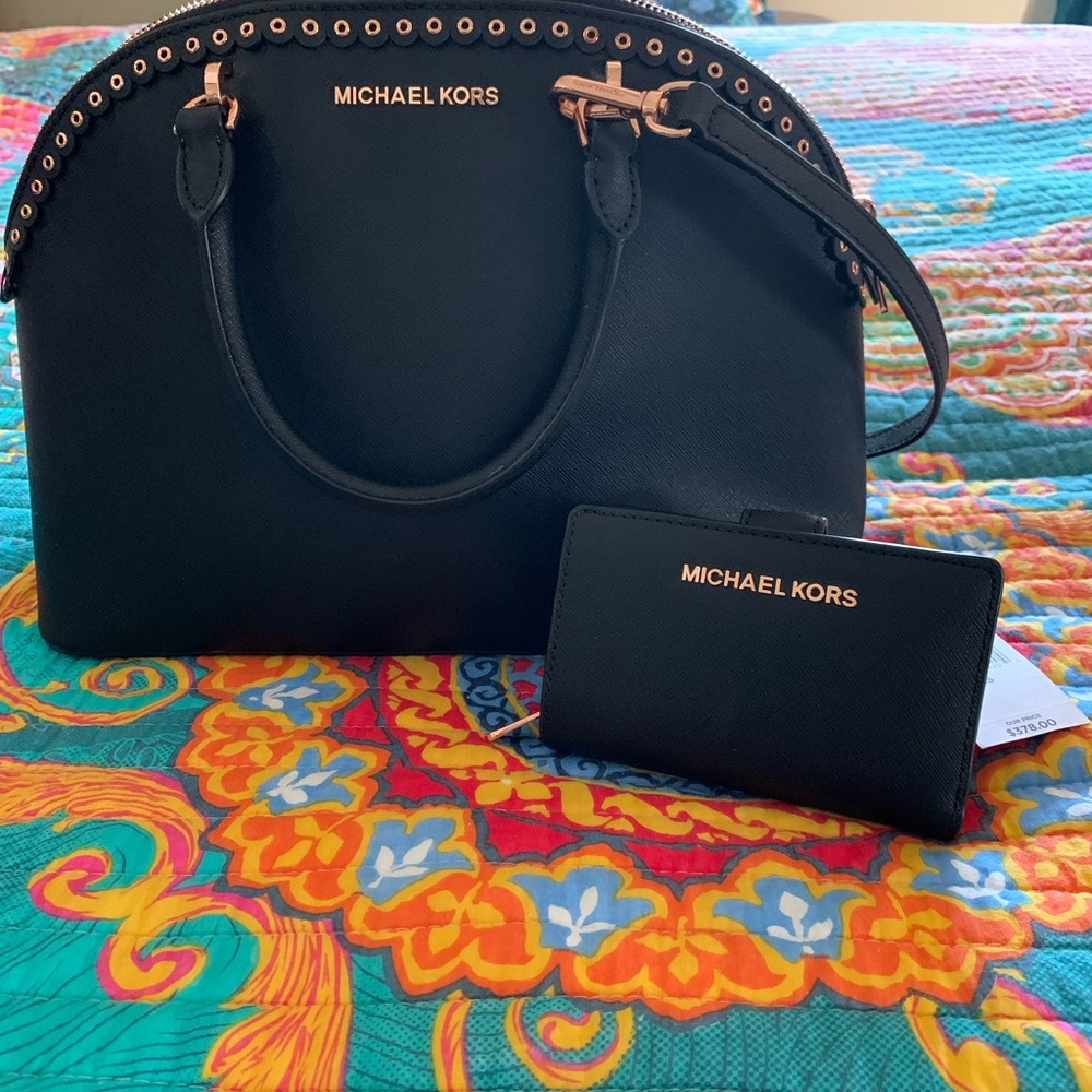 Michael Kors Black Emmy purse and wallet. Black with Rise Gold accents.